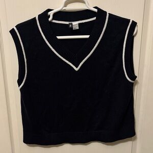 Dark Navy Sleeveless Knit Vest with White Trim